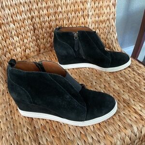 Linea Paolo black suede wedge bootie